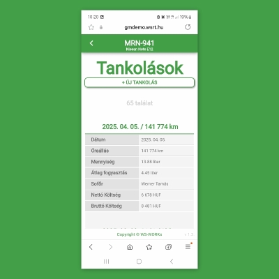Tankolás előzmények -- Garázsmester - Üzemanyag, Gépjármű és Költség nyilvántartó szoftver (Flottamenedzsment)